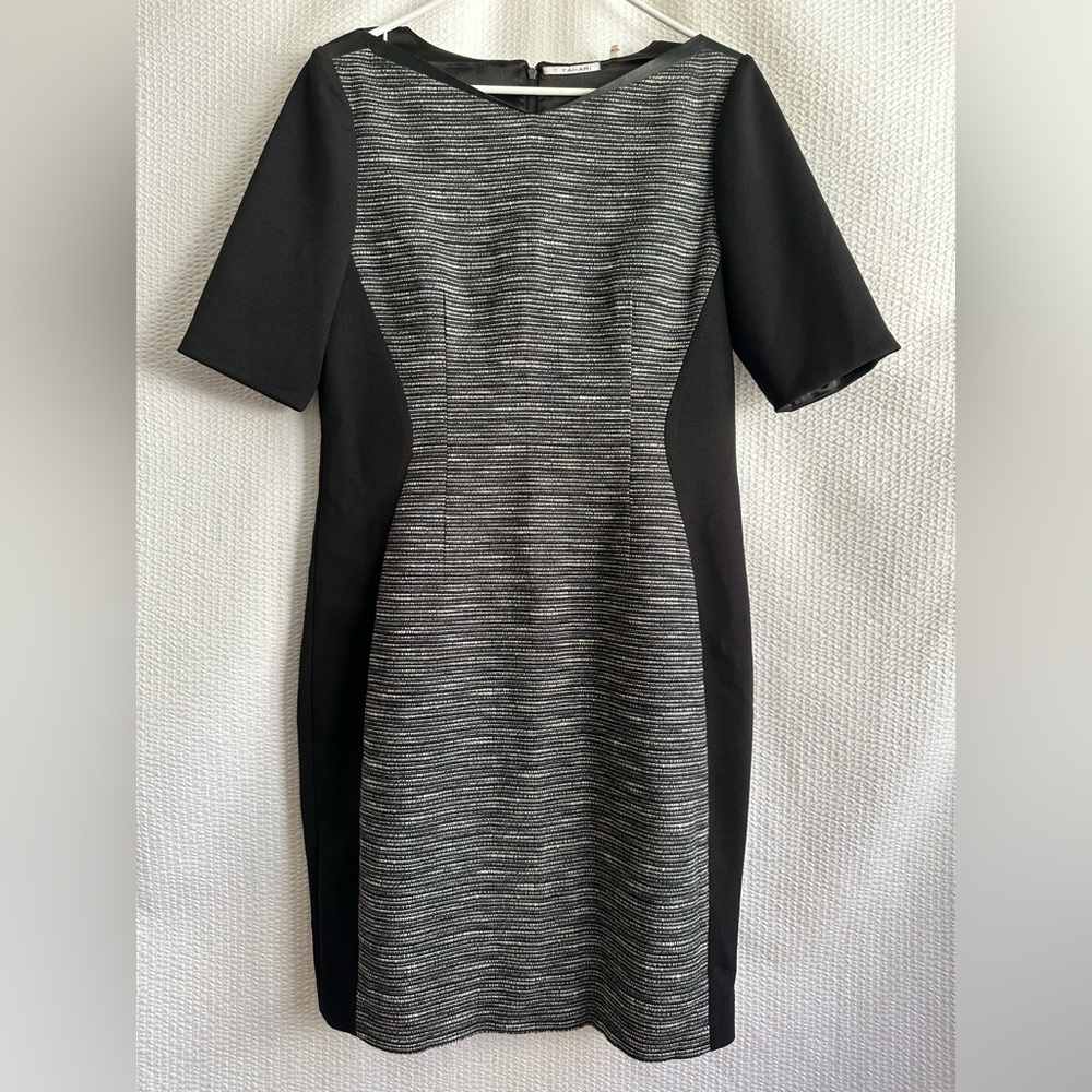 T TAHARI Black Ivory Tweed Sheath Dress Size 12 Short Sleeve Career Office NWT
